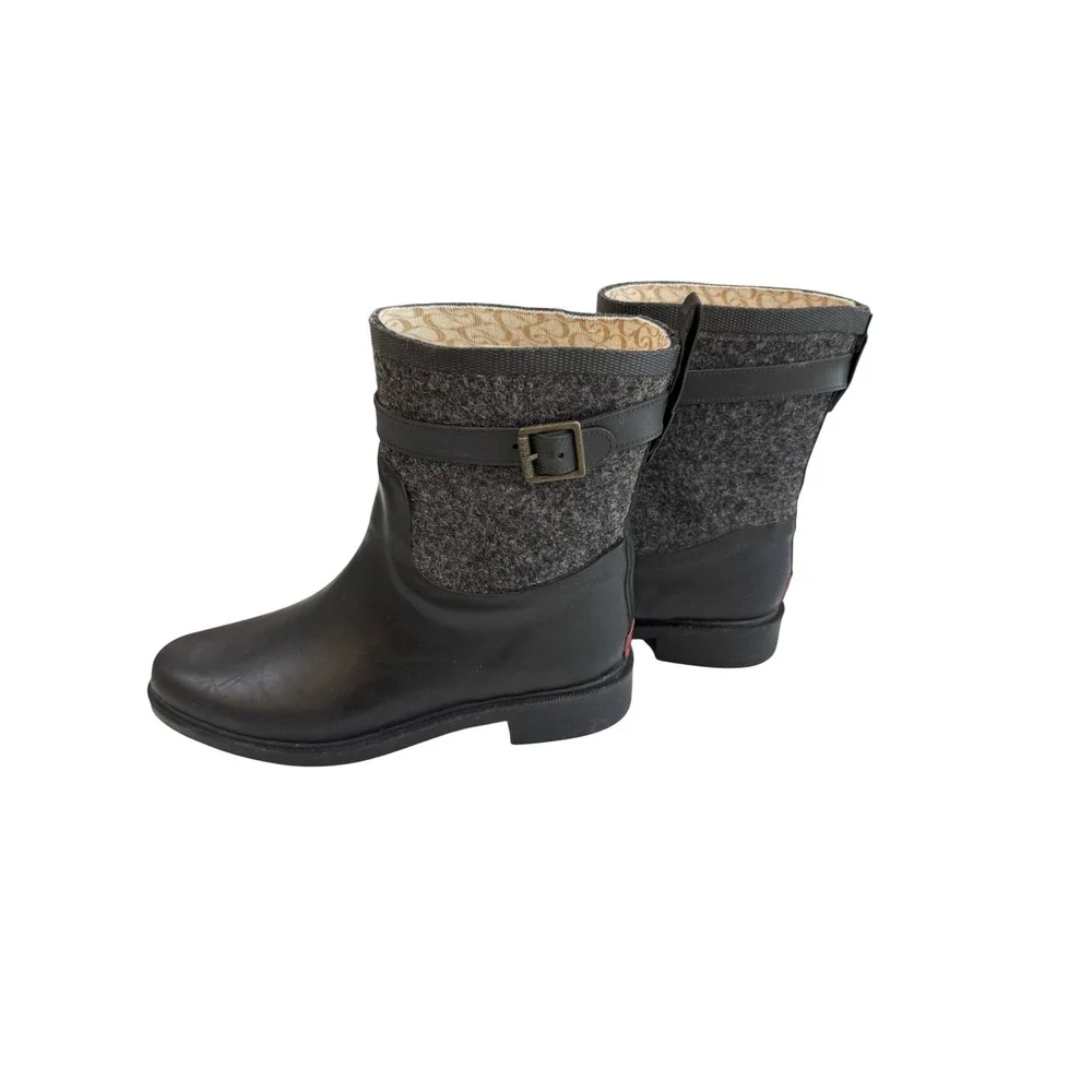 Chooka Herringbone  Rain Boots Womens 8 Black Gray Buckled Fabric Mid 1412603